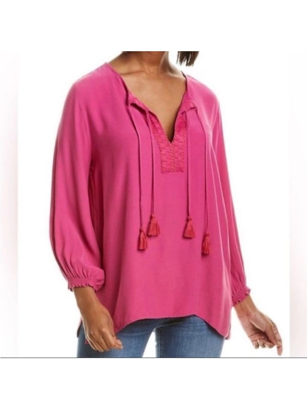 Johnny Was Calmé Bright Pink Double Tassel Tie Boho Tunic Blouse Size Small